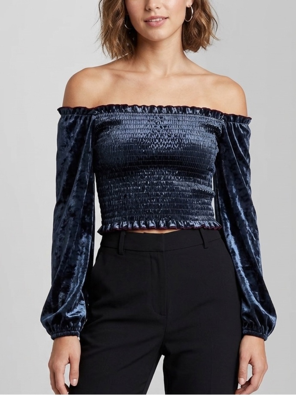 Guess Black Velvet Off-Shoulder Cropped Smocked Top Women’s Medium